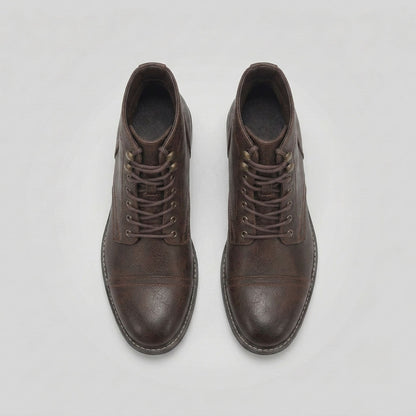 FORCIANO RANGER chestnut brown premium leather Elevator Boots shown from the top with lace-up fronts, metal hardware and cap toes.