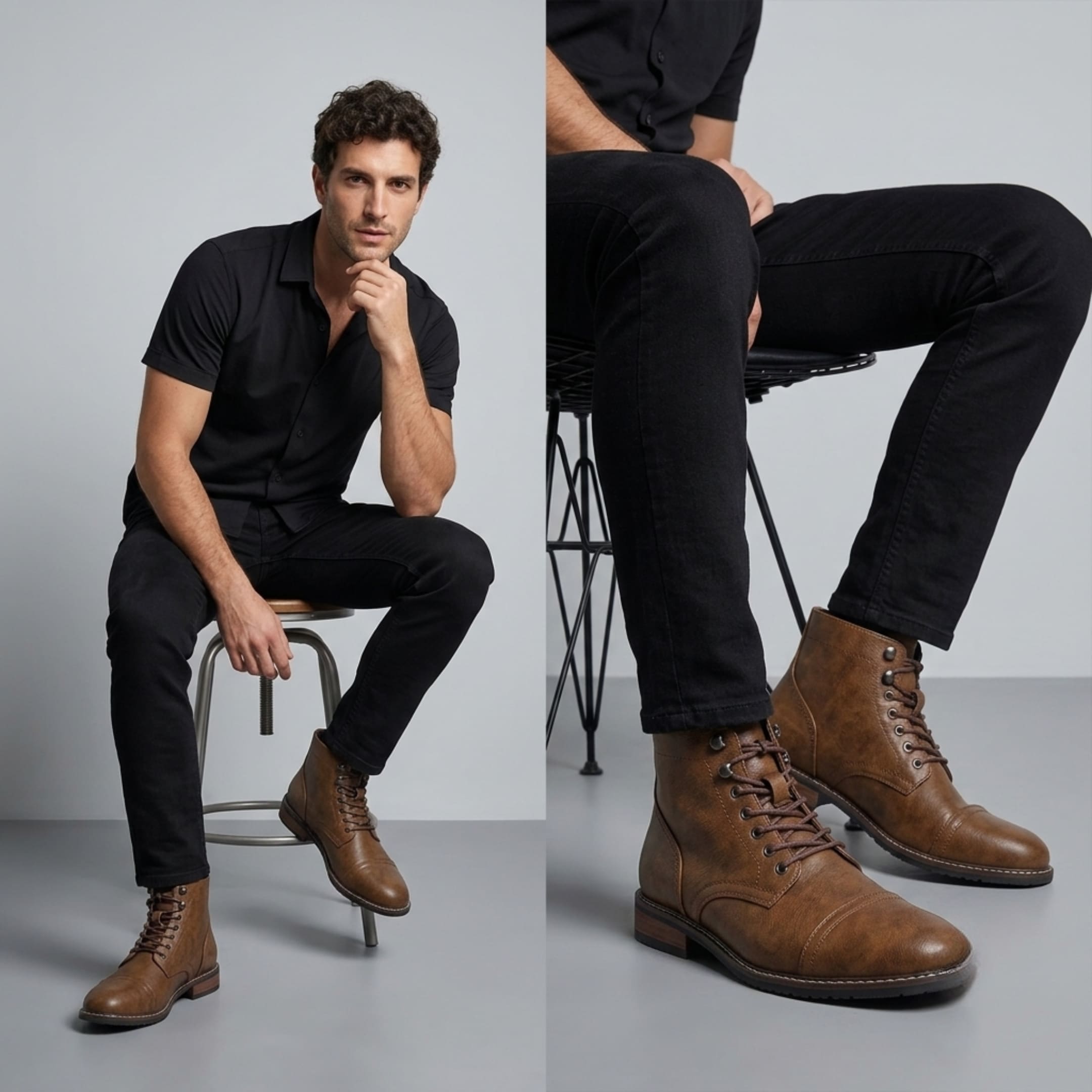 FORCIANO RANGER light brown premium leather Elevator Boots worn with black trousers in seated and close-up casual lifestyle views.