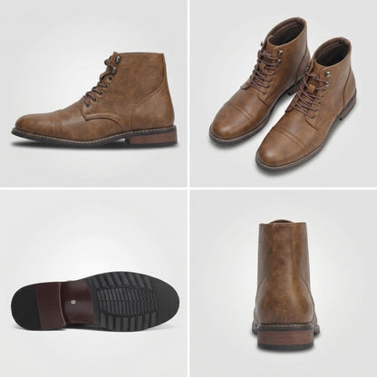 FORCIANO RANGER light brown premium leather Elevator Boots shown in a multi-view collage with side, angled, outsole and rear views.