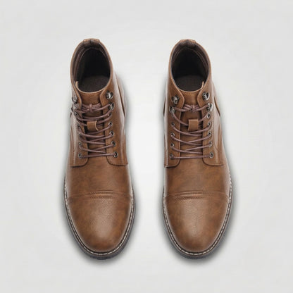FORCIANO RANGER light brown premium leather Elevator Boots shown from above, highlighting the laces, metal eyelets and cap-toe design.