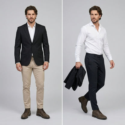 FORCIANO RANGER vintage brown premium leather Height Increasing Boots styled with smart men's outfits in two lifestyle views.
