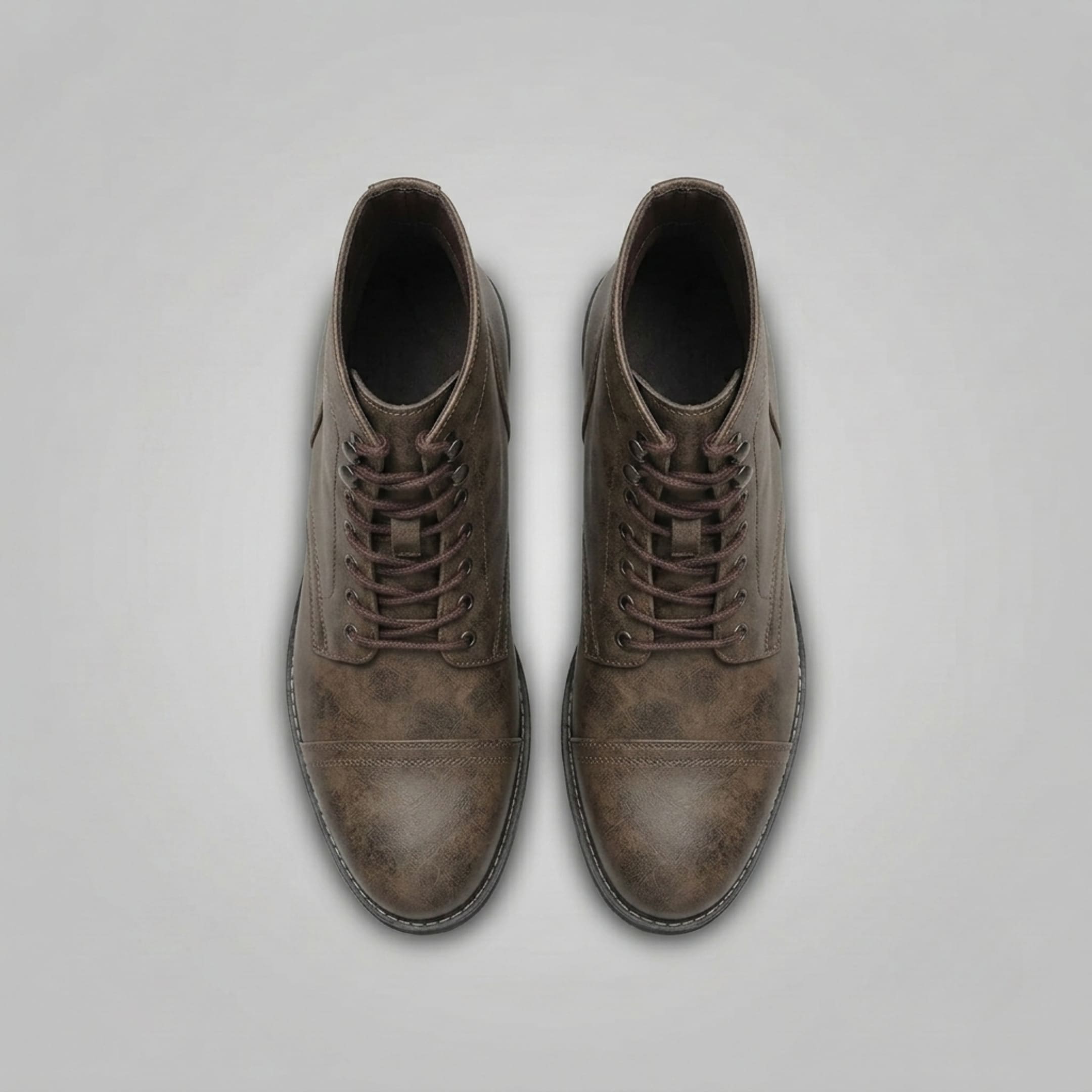 FORCIANO RANGER vintage brown premium leather Height Increasing Boots shown from above with lace-up fronts and textured cap-toe uppers.