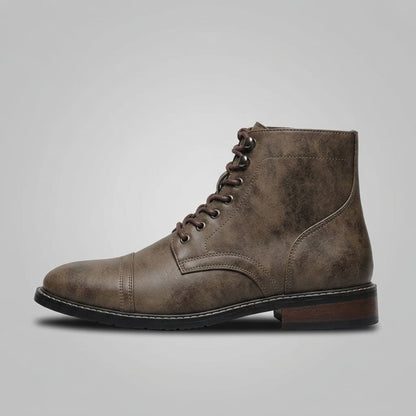 FORCIANO RANGER vintage brown premium leather Elevator Boots shown from the side, highlighting the textured upper and cap-toe design.