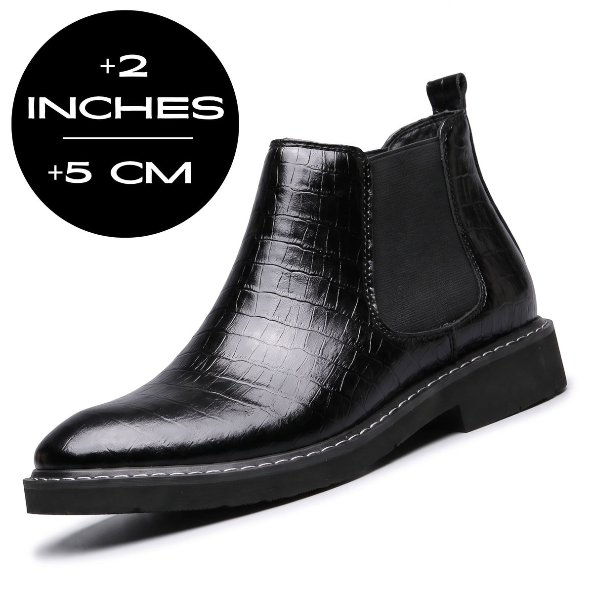 FORCIANO RAPTOR men's elevator boots in black shown at a front three-quarter angle with a 5 cm / 2" height increase graphic.