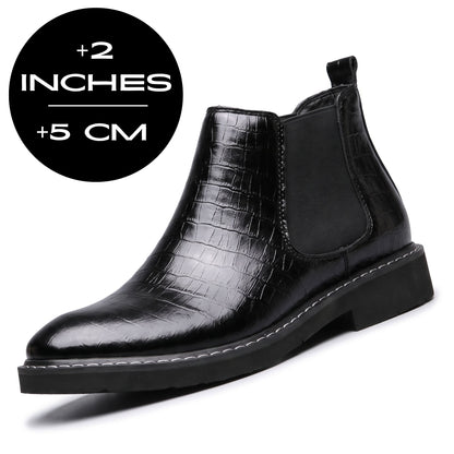 FORCIANO RAPTOR men's elevator boots in black shown at a front three-quarter angle with a 5 cm / 2" height increase graphic.