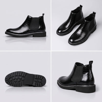FORCIANO RAPTOR men's elevator boots in black shown in a multi-view collage with side profile, pair, outsole and rear-angle views.