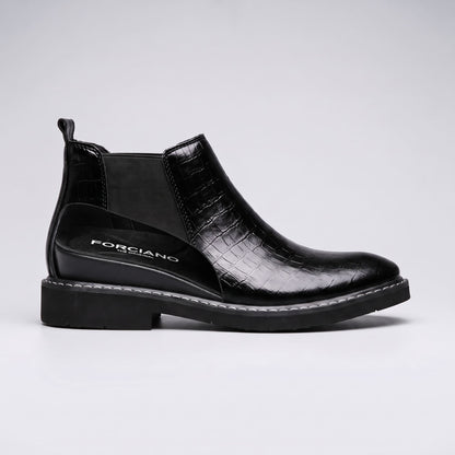 FORCIANO RAPTOR men's elevator boots in black shown from the side with a cutaway-style section revealing the raised interior profile.