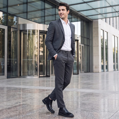 FORCIANO RAPTOR men's elevator boots in black worn with a gray suit while walking outside a modern office building.