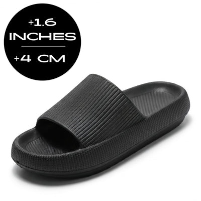 FORCIANO REESE black height increasing slippers for women shown at a front angle with textured lightweight EVA construction and 4 cm / 1.6" height graphic.