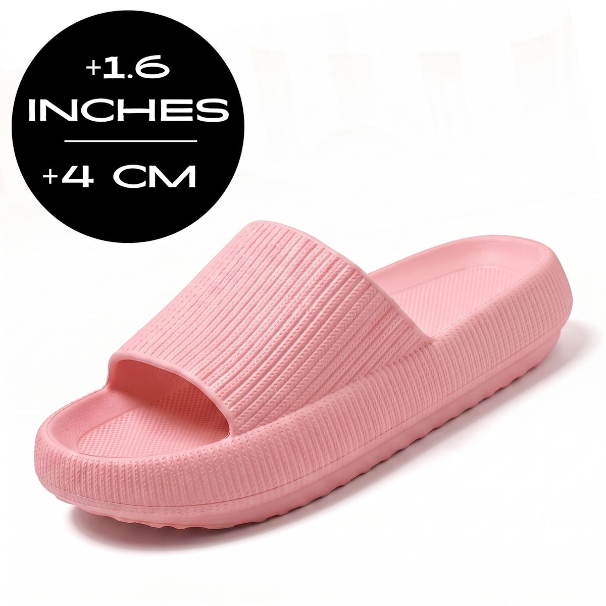 FORCIANO REESE pink height increasing slippers for women shown from the front three-quarter angle with textured EVA upper and 4 cm / 1.6" height graphic.