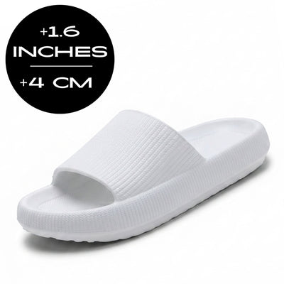 FORCIANO REESE white height increasing slippers for women in a front three-quarter product view with textured EVA upper and 4 cm / 1.6" height graphic.