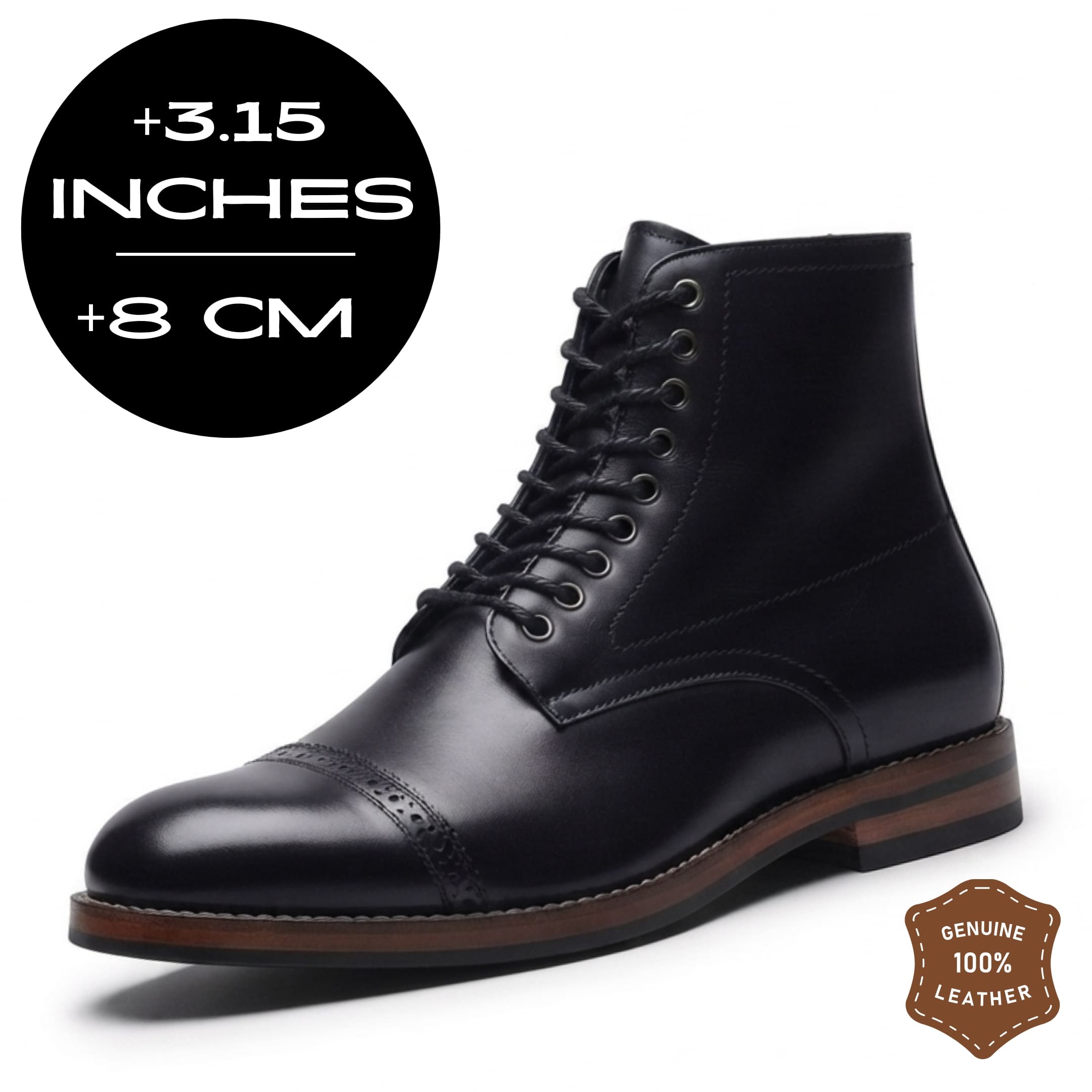 FORCIANO ROMANO black height increasing boot with genuine leather upper and 8 cm / 3.15" height graphic shown from a front three-quarter angle.