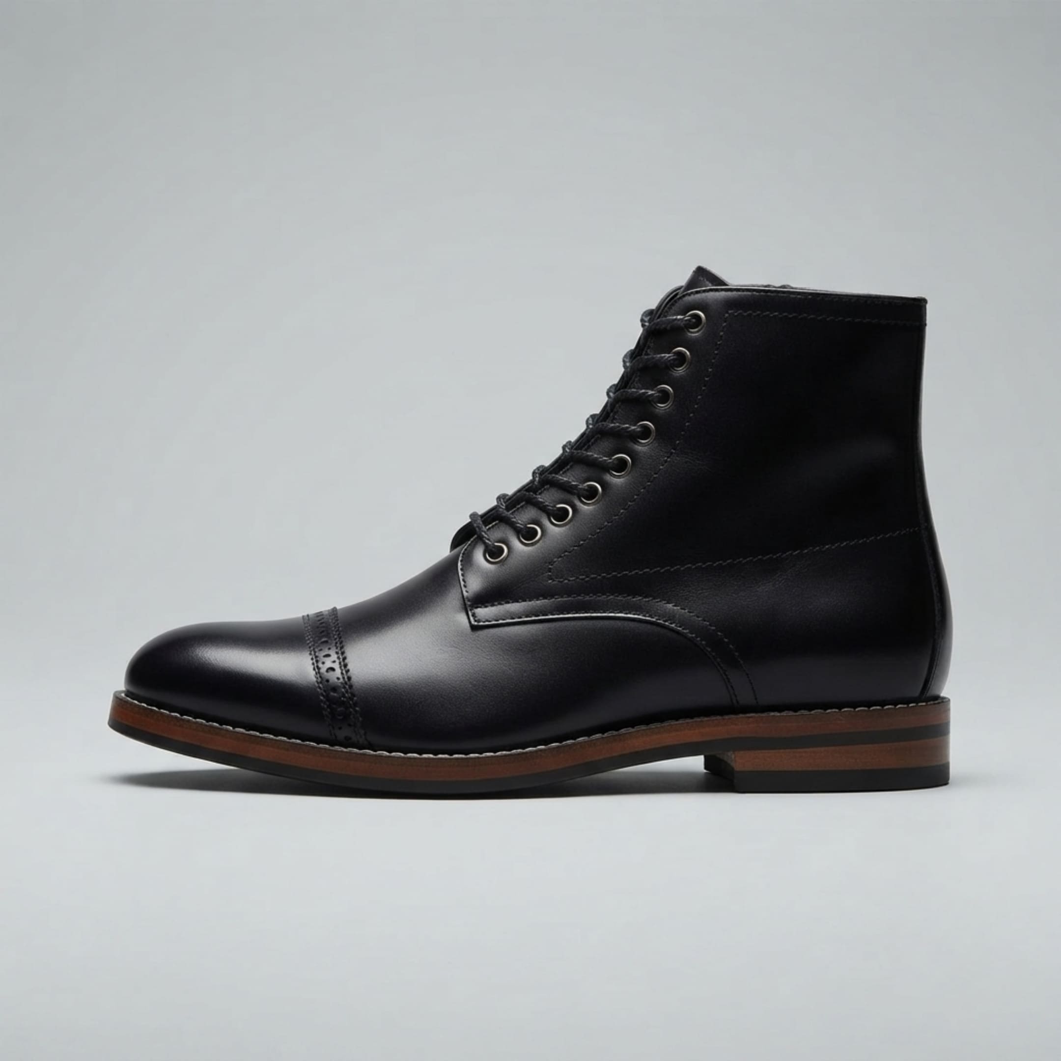 FORCIANO ROMANO black height increasing boot with genuine leather upper shown from the side, highlighting the cap toe, lacing and layered heel.