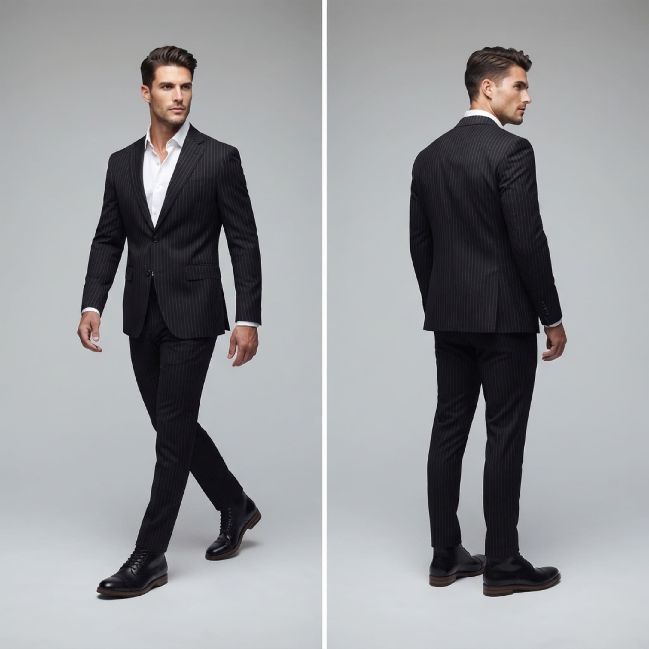 FORCIANO ROMANO black men's elevator boots with genuine leather uppers worn with a dark suit in front and rear formal lifestyle views.