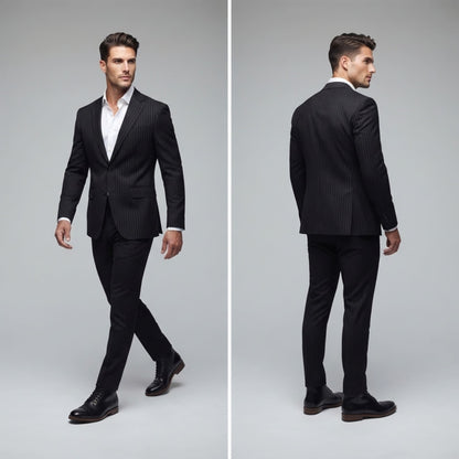 FORCIANO ROMANO black men's elevator boots with genuine leather uppers worn with a dark suit in front and rear formal lifestyle views.