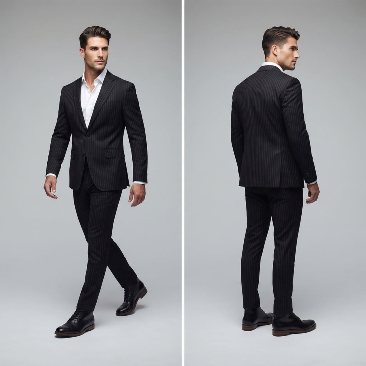 FORCIANO ROMANO black men's height increasing boots with genuine leather uppers worn with a dark suit in front and rear formal lifestyle views.