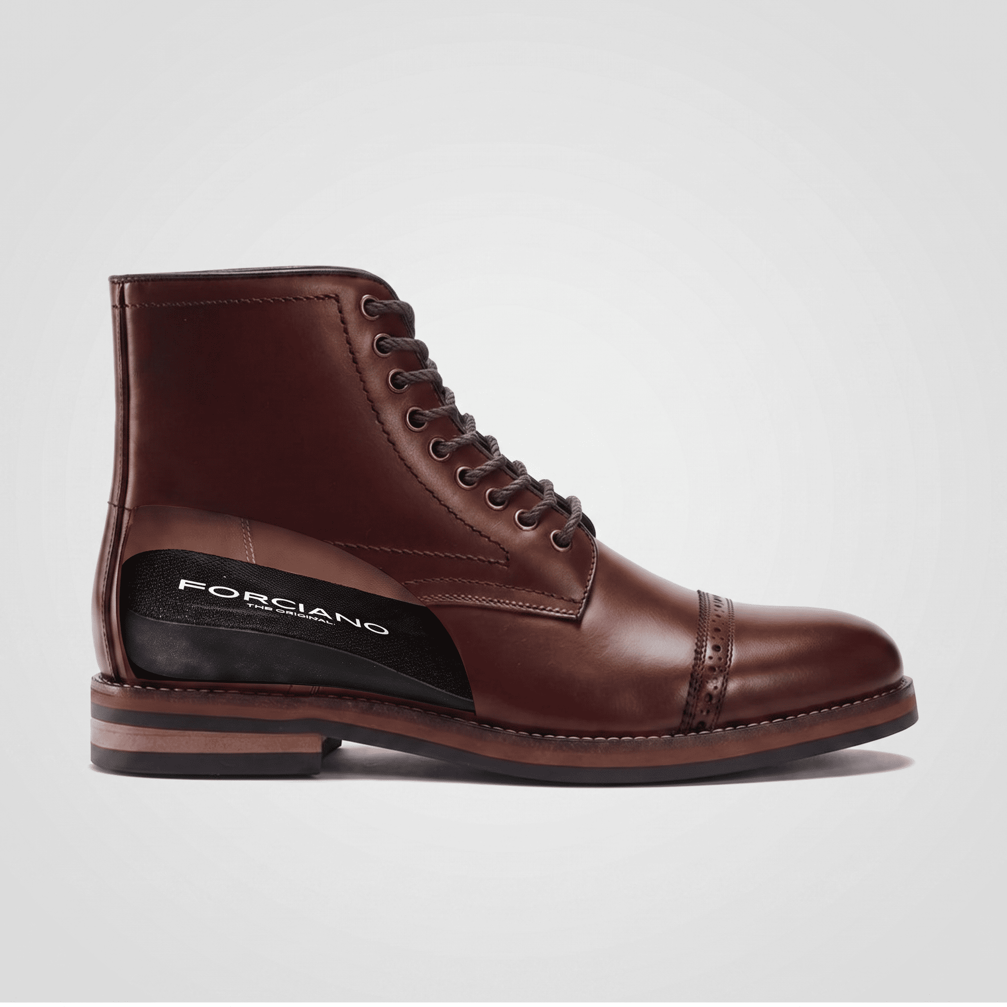 FORCIANO ROMANO brown elevator boot with genuine leather upper shown in a side cutaway revealing the internal lift structure.