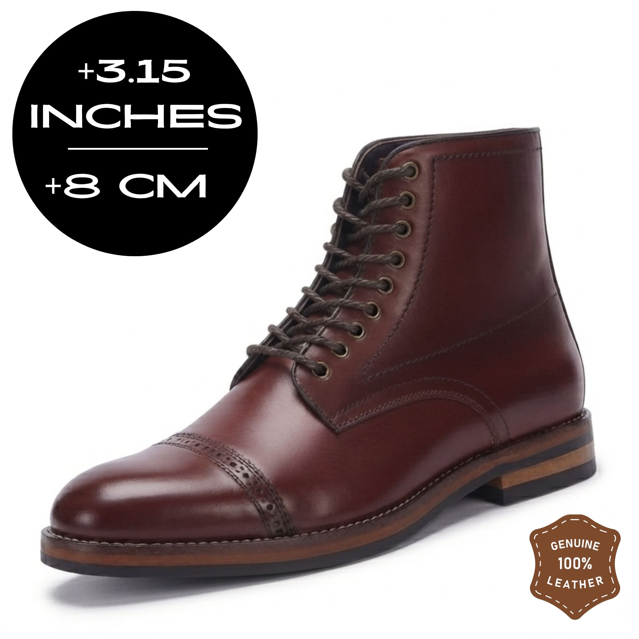 FORCIANO ROMANO brown height increasing boot with genuine leather upper and 8 cm / 3.15" height graphic shown from a front three-quarter angle.