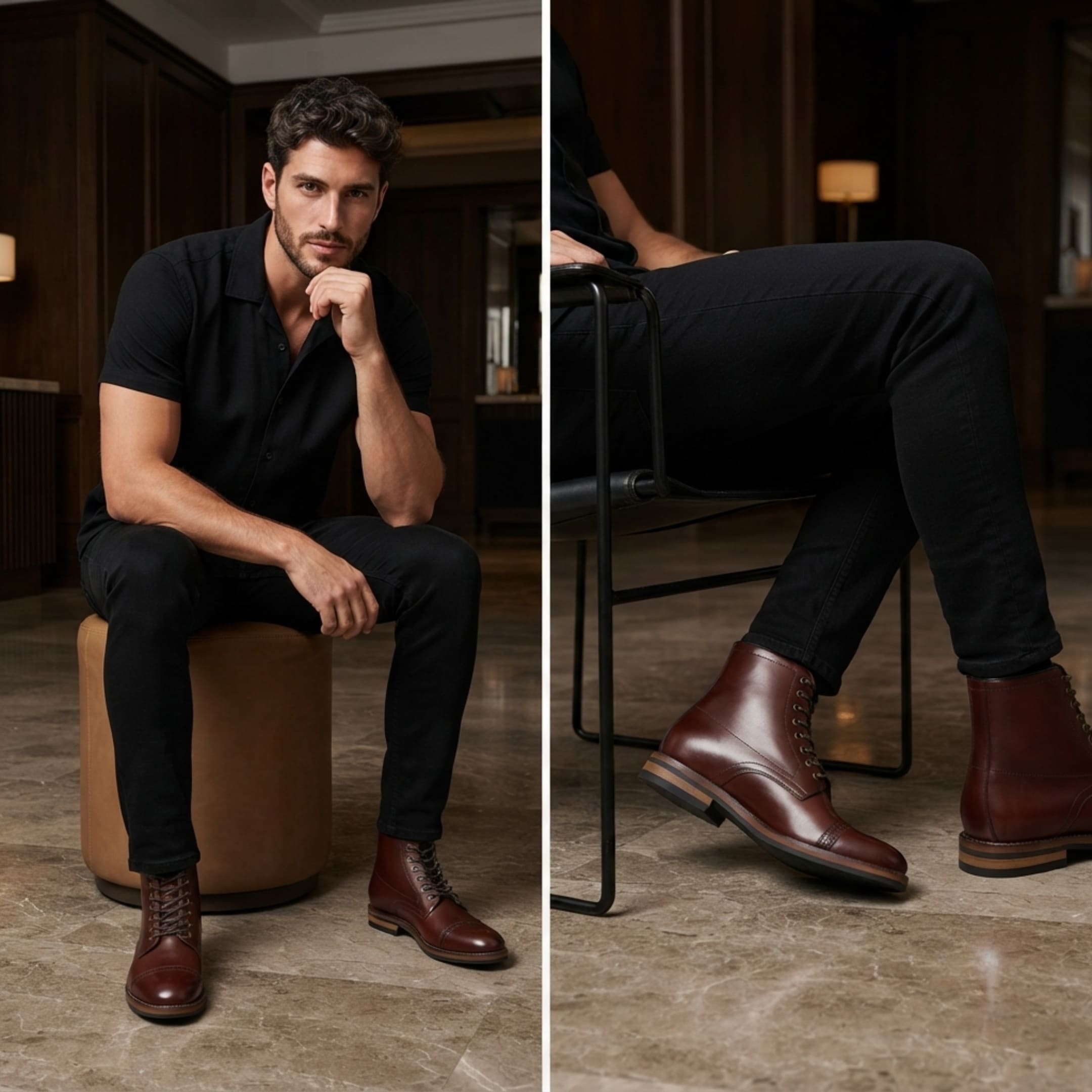 FORCIANO ROMANO brown height increasing boots with genuine leather uppers worn by a seated male model in an indoor lifestyle setting.