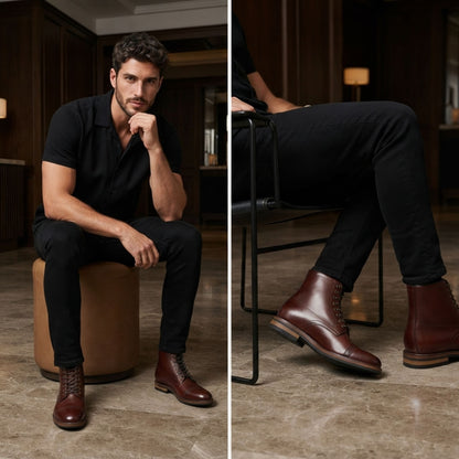 FORCIANO ROMANO brown height increasing boots with genuine leather uppers worn by a seated male model in an indoor lifestyle setting.