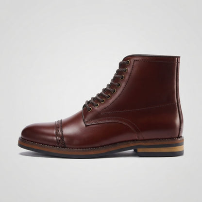 FORCIANO ROMANO brown height increasing boot with genuine leather upper shown in a clean side profile with lace-up construction and cap toe.