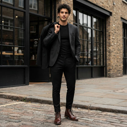 FORCIANO ROMANO brown height increasing boots with genuine leather uppers worn by a male model with dark tailoring in an outdoor street setting.