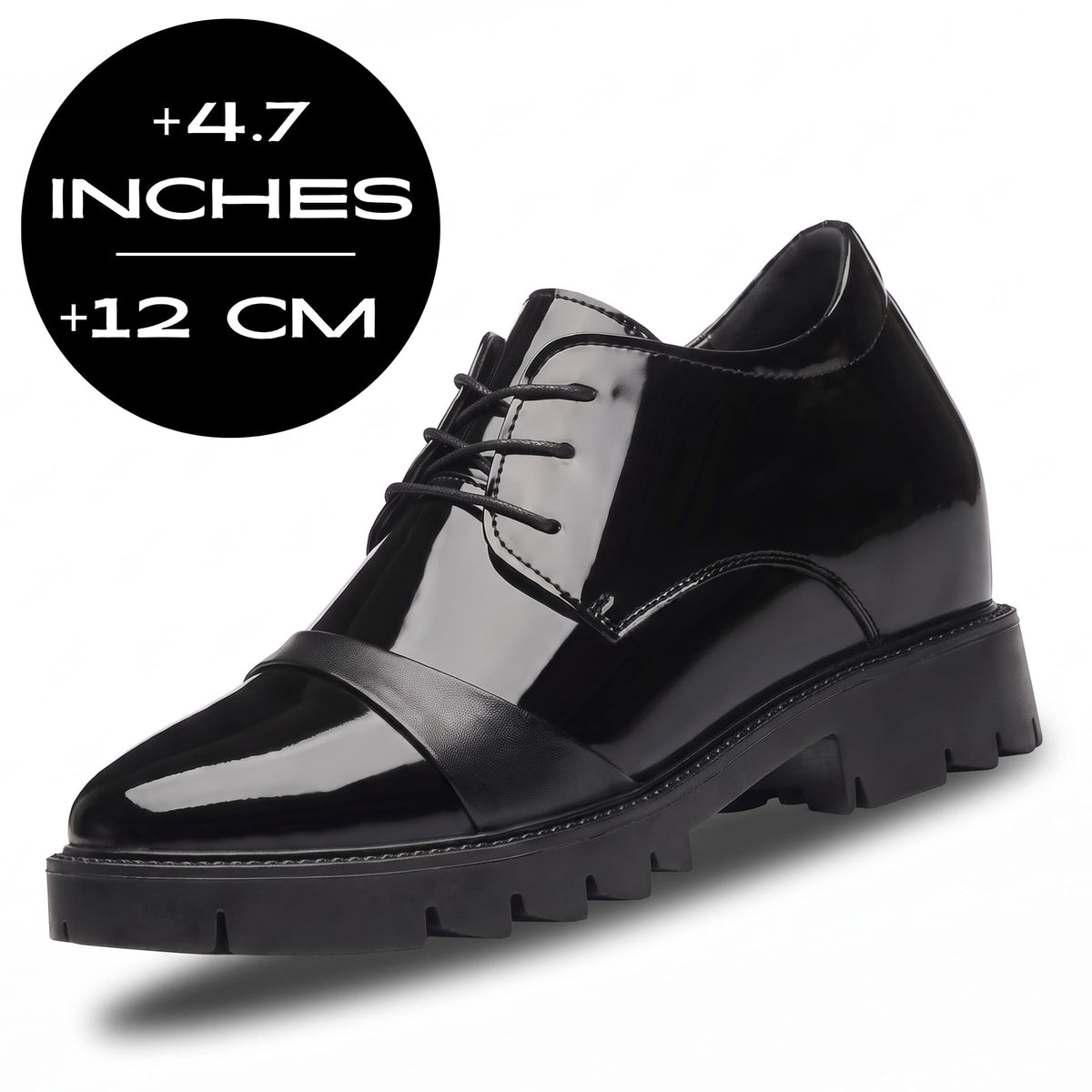 FORCIANO ROYALE black Height Increasing Shoes with sleek leather design shown at a front three-quarter angle with 12 cm / 4.7" height graphic.
