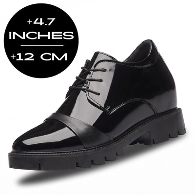 FORCIANO ROYALE black Height Increasing Shoes with sleek leather design shown at a front three-quarter angle with 12 cm / 4.7" height graphic.