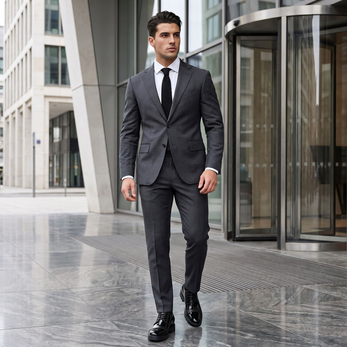 FORCIANO ROYALE black Height Increasing Shoes with sleek leather design shown worn with a grey suit in a formal walking lifestyle scene.