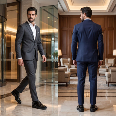 FORCIANO ROYALE black Height Increasing Shoes with sleek leather design shown worn with suits in front walking and rear lifestyle views.