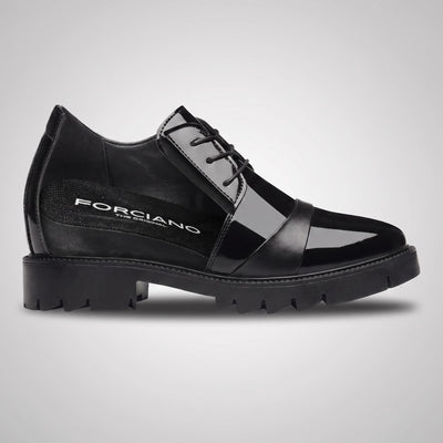 FORCIANO ROYALE black Height Increasing Shoes shown in side cutaway view revealing the internal lift beneath the sleek leather design.