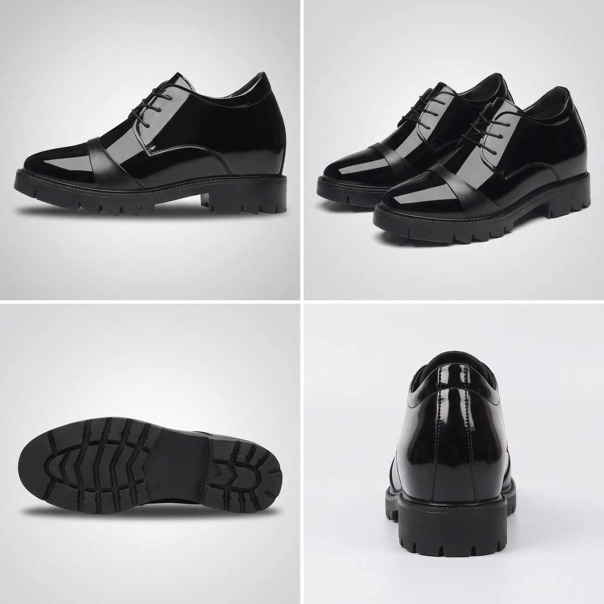 FORCIANO ROYALE black Height Increasing Shoes shown in a multi-view collage with side profile, pair, outsole and rear views.