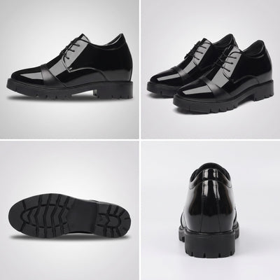 FORCIANO ROYALE black Height Increasing Shoes shown in a multi-view collage with side profile, pair, outsole and rear views.