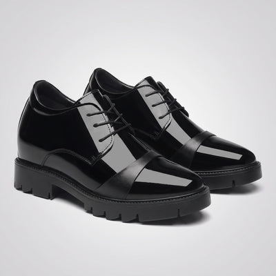 FORCIANO ROYALE black Height Increasing Shoes displayed as a pair from a front three-quarter angle with sleek leather design and lace closure.