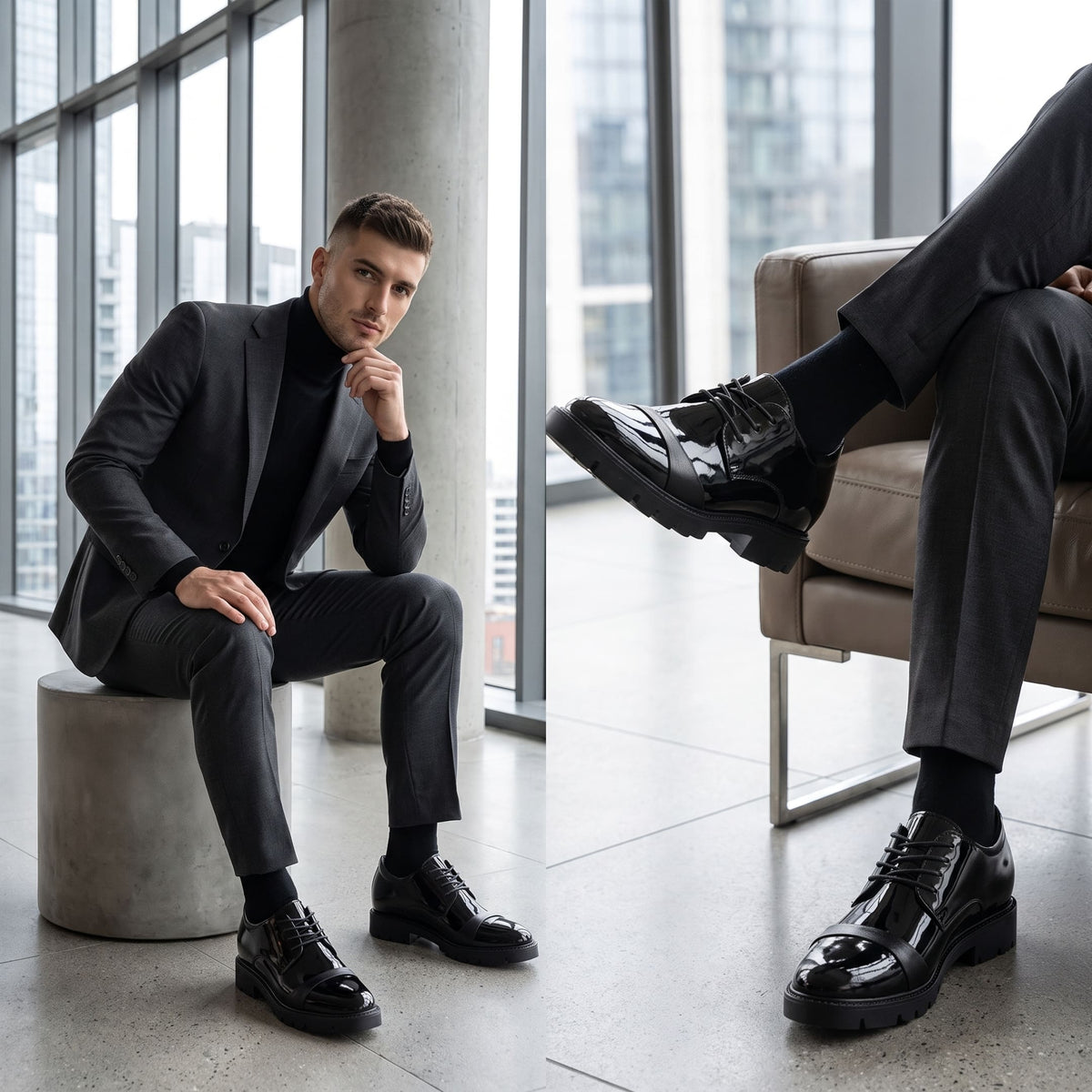 FORCIANO ROYALE black Height Increasing Shoes with sleek leather design shown worn with formal trousers in a seated lifestyle setting.
