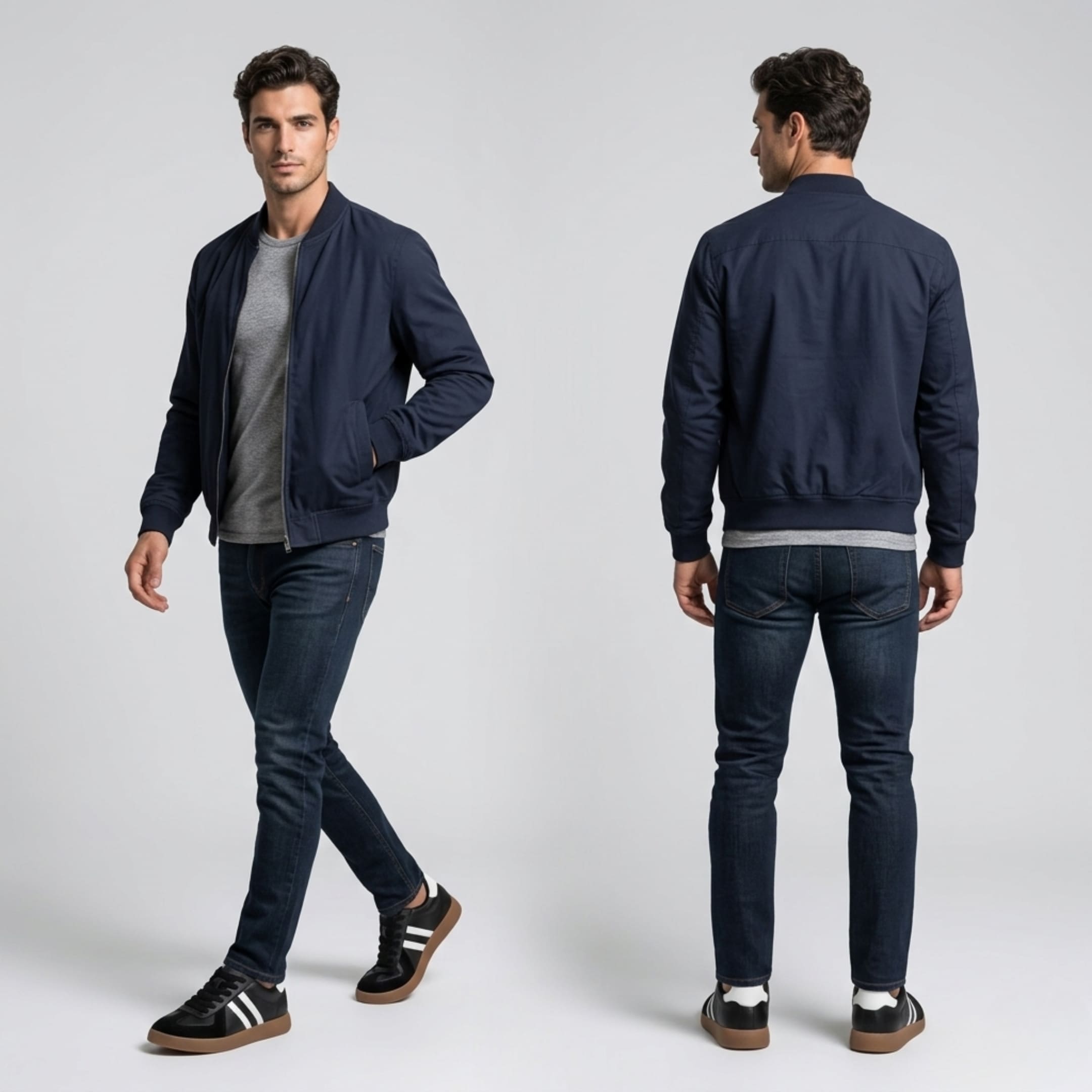 FORCIANO SABER black elevator sneakers with white stripes and split leather uppers worn by a male model in front and rear casual outfit views.