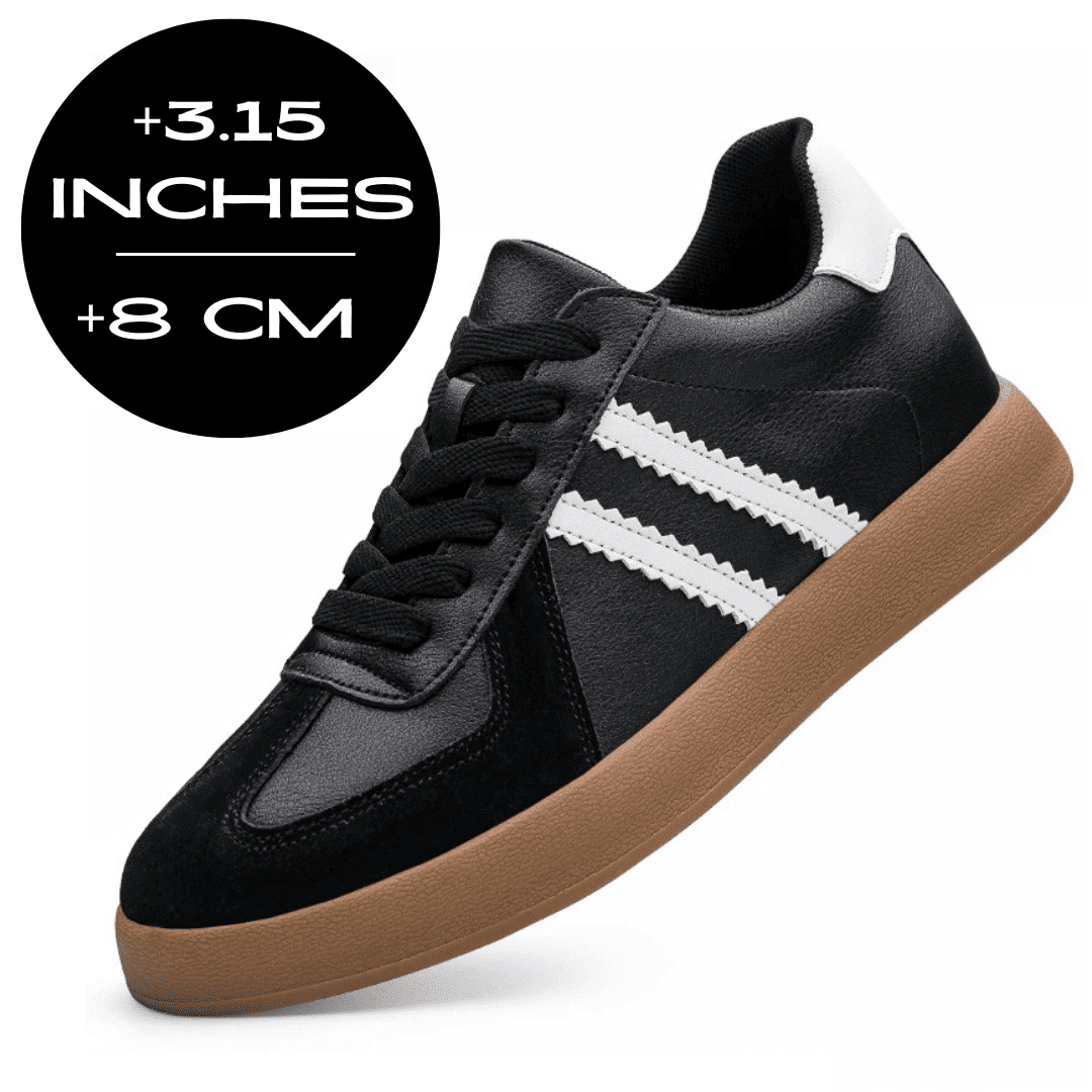 FORCIANO SABER black height increasing sneaker with white side stripes and split leather upper shown with the maximum 8 cm / 3.15" height graphic.