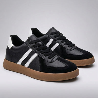 FORCIANO SABER black height increasing sneakers with white stripes and split leather uppers shown as a pair from a front three-quarter angle.