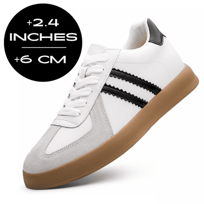 FORCIANO SABER white height increasing sneaker with black stripes, gum sole and split leather upper shown with a 6 cm / 2.4" height graphic.