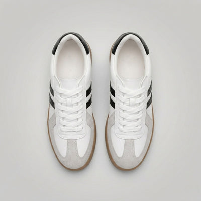 FORCIANO SABER white height increasing sneakers with black heel accents and split leather uppers shown as a pair from the top.