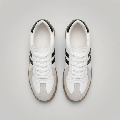 FORCIANO SABER white height increasing sneakers with black heel accents and split leather uppers shown as a pair from the top.