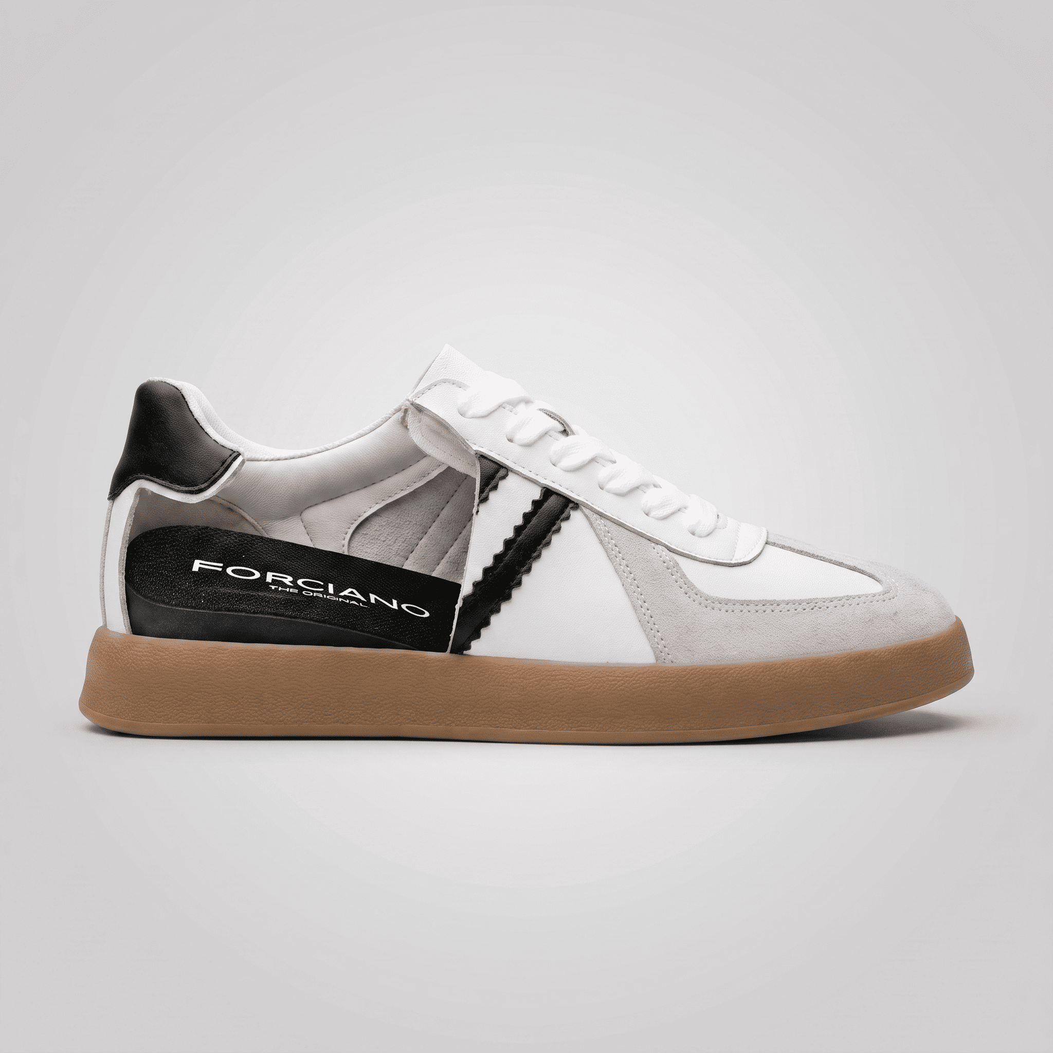 FORCIANO SABER white hidden lift sneakers with black stripes and split leather upper shown in a side cutaway revealing the internal lift structure.