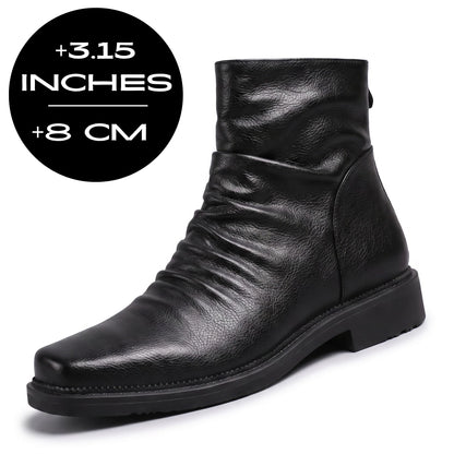 FORCIANO SALVATI black height increasing boots with smooth microfiber upper shown from a front-side angle with 8 cm / 3.15" height graphic.