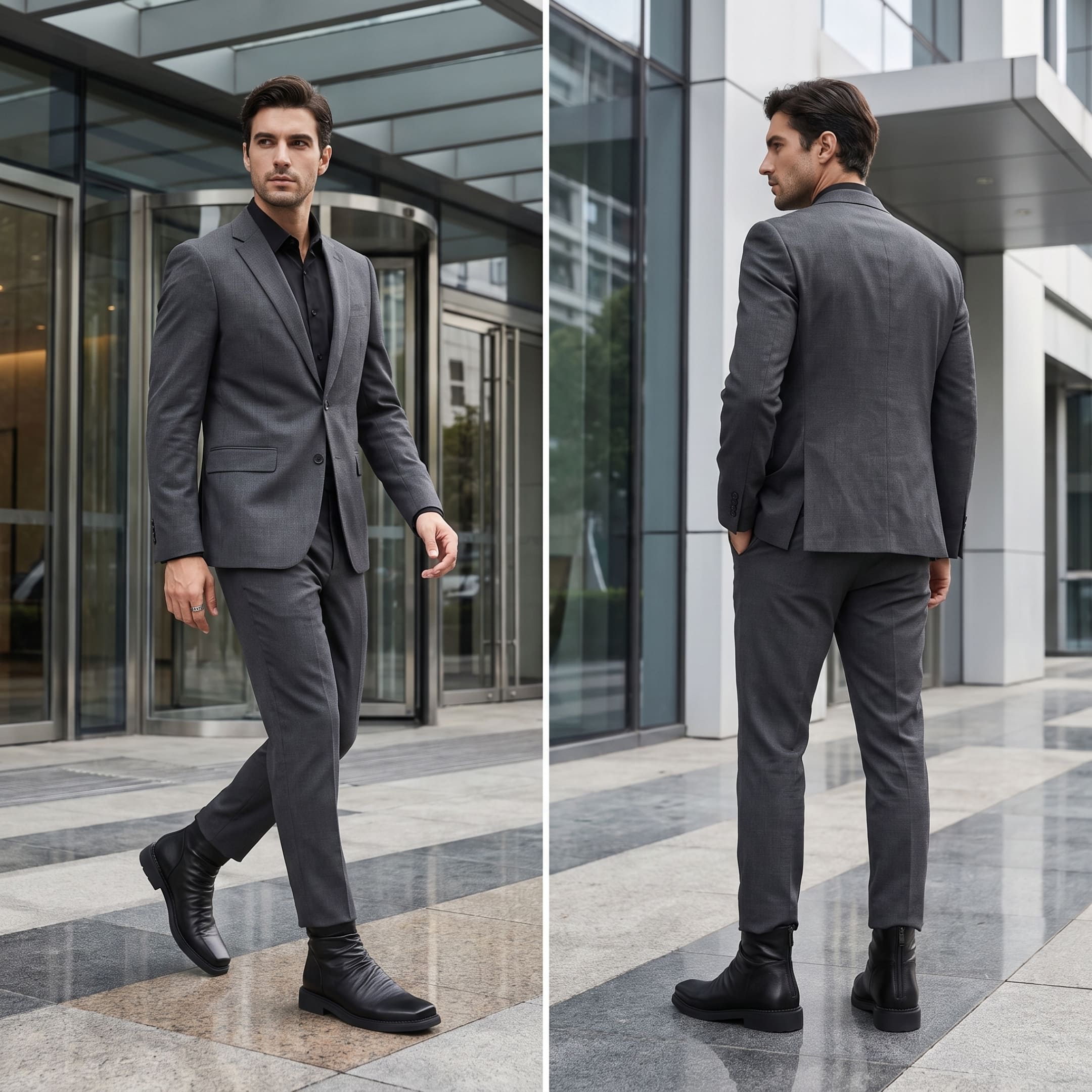 FORCIANO SALVATI black height increasing boots with smooth microfiber uppers worn with a gray suit in front and rear business lifestyle views.