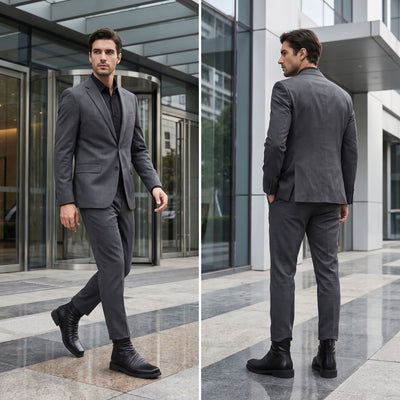 FORCIANO SALVATI black height increasing boots with smooth microfiber uppers worn with a gray suit in front and rear business lifestyle views.