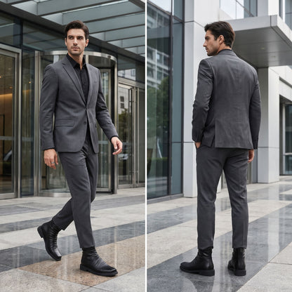 FORCIANO SALVATI black height increasing boots with smooth microfiber uppers worn with a gray suit in front and rear business lifestyle views.
