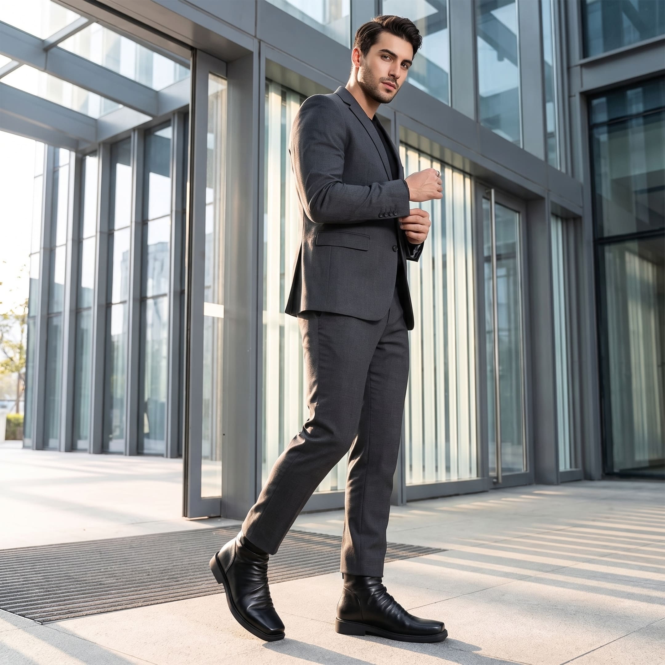 FORCIANO SALVATI black height increasing boots with smooth microfiber uppers worn with a gray suit in a full-length formal lifestyle scene.