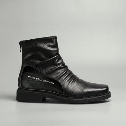 FORCIANO SALVATI black smooth microfiber height increasing boot shown in side cutaway view, revealing the hidden height increase inside the heel area.