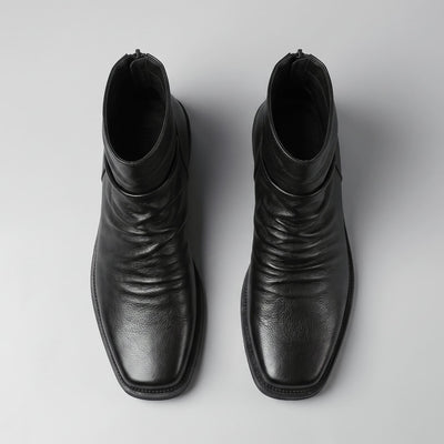 FORCIANO SALVATI black height increasing boots with smooth microfiber uppers shown as a pair from above, highlighting the gathered front design.