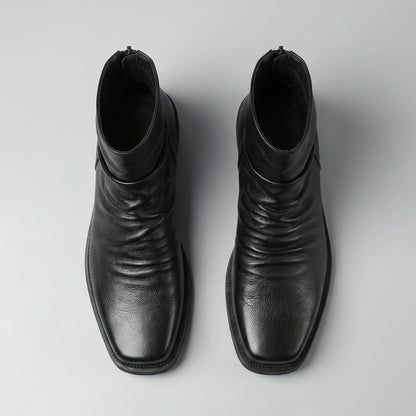 FORCIANO SALVATI black height increasing boots with smooth microfiber uppers shown as a pair from above, highlighting the gathered front design.